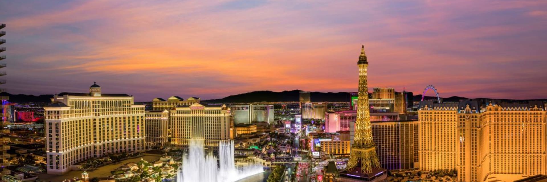 Las Vegas strip at night with fountains