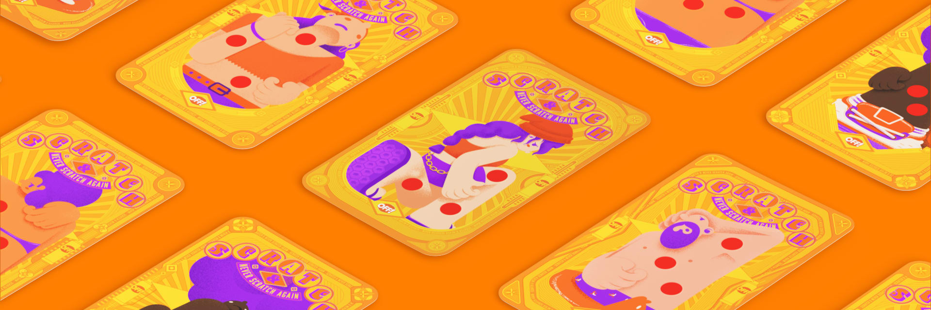 A vibrant image featuring multiple scratch-off cards arranged diagonally on an orange background. Each card has a golden border and colorful illustrations of playful characters with bold red dots. The text "Scratch & Try Scratch Again" is prominently displayed on the cards in purple and yellow lettering.