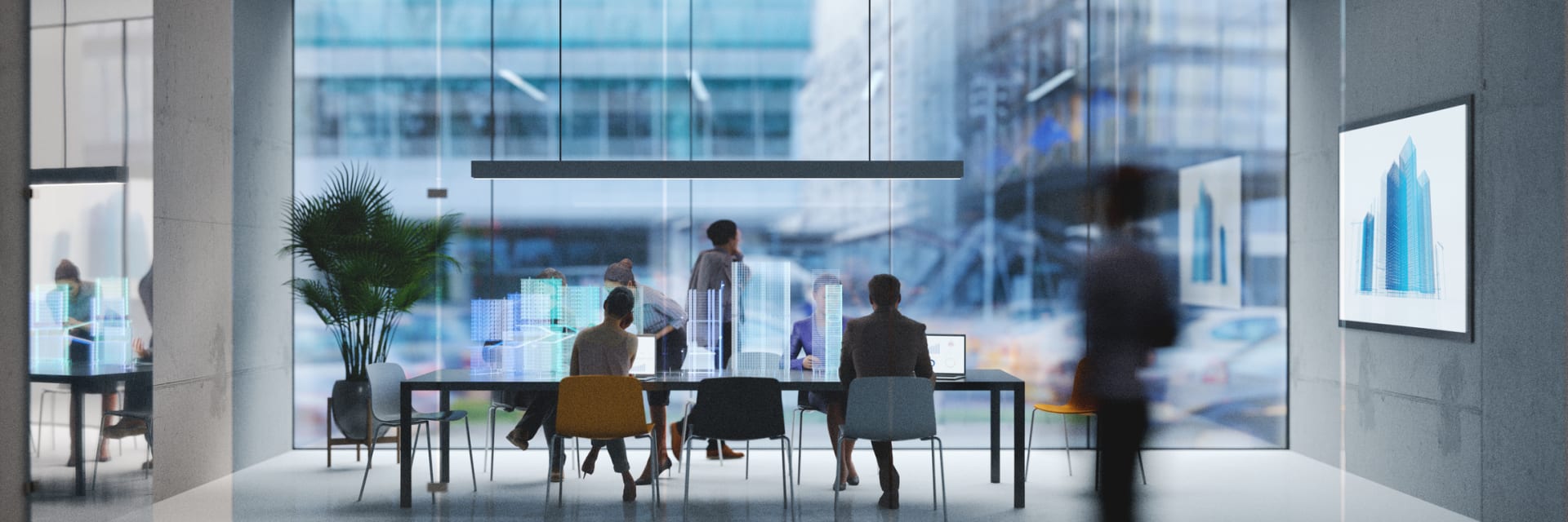 People silhouettes in blurry office pale colours