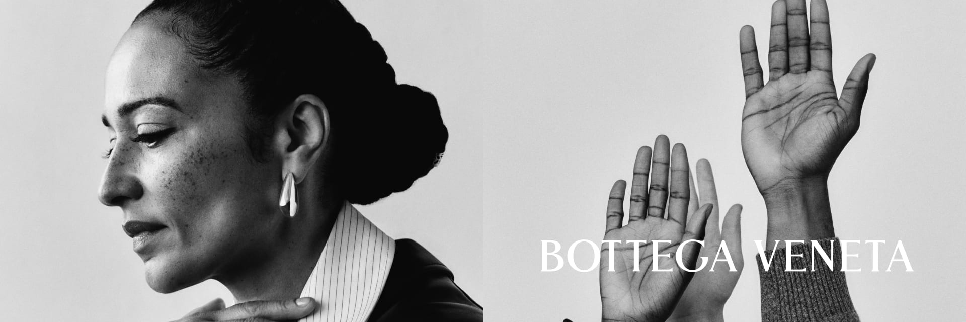 Black and white campaign image from Bottega Veneta's 'Craft is our Language.' On the left, a woman in profile - Zadie Smith - wearing a leather jacket and earring. On the right, three raised hands against a light background, with the Bottega Veneta logo.