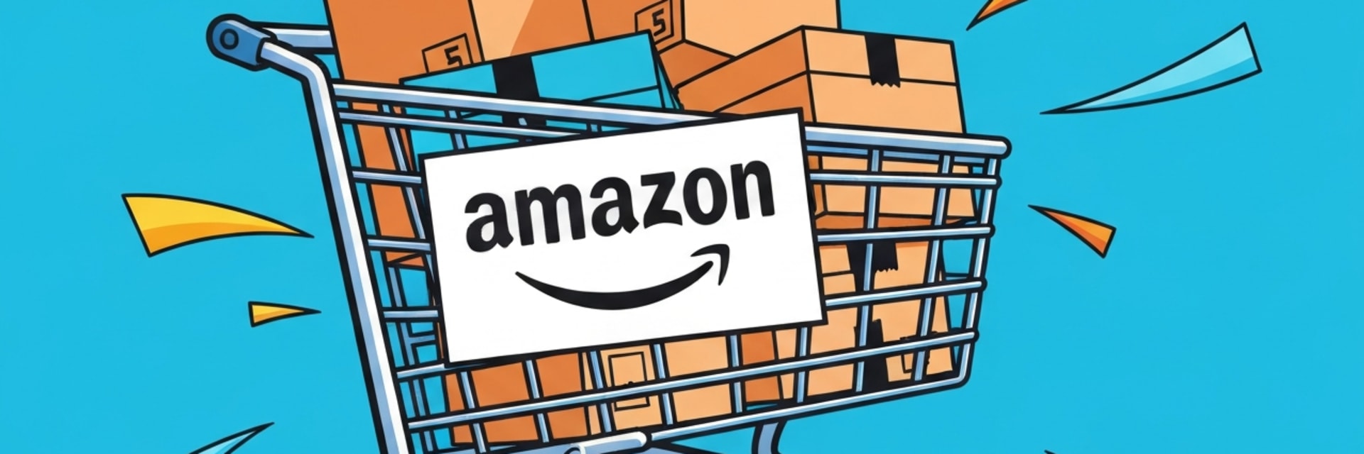 A shopping cart with the Amazon logo on front that is full of packages.