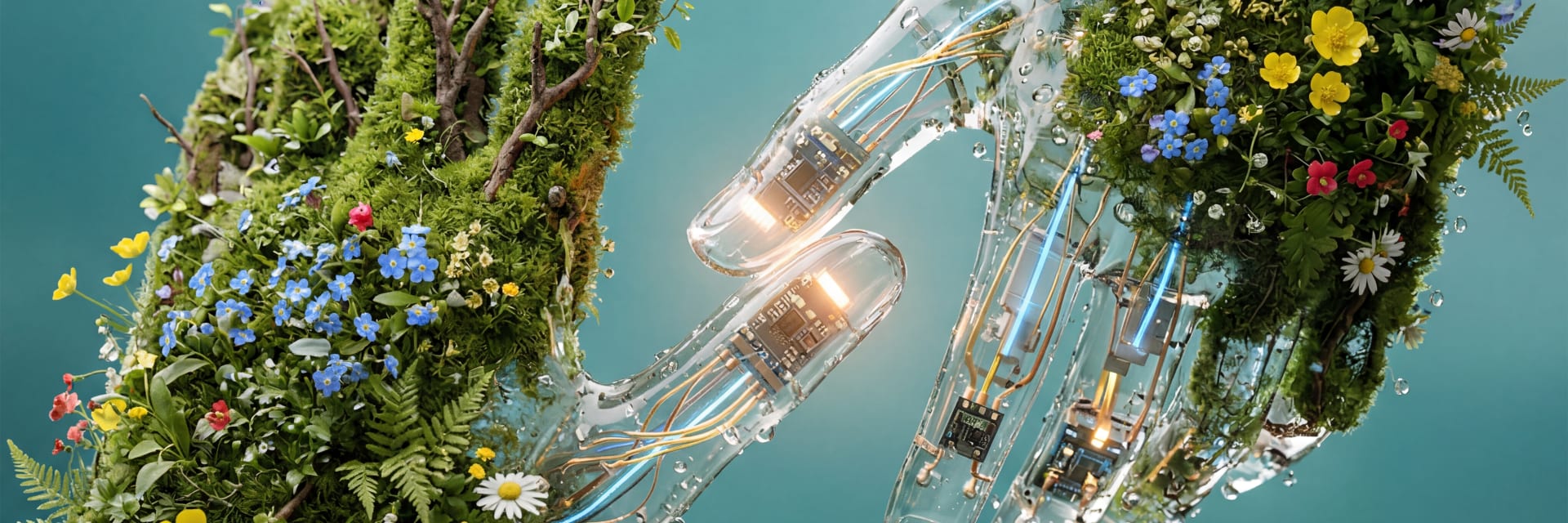 Two hands part vibrant green and floral and part glass, circuit-infused gently reach for each other.
