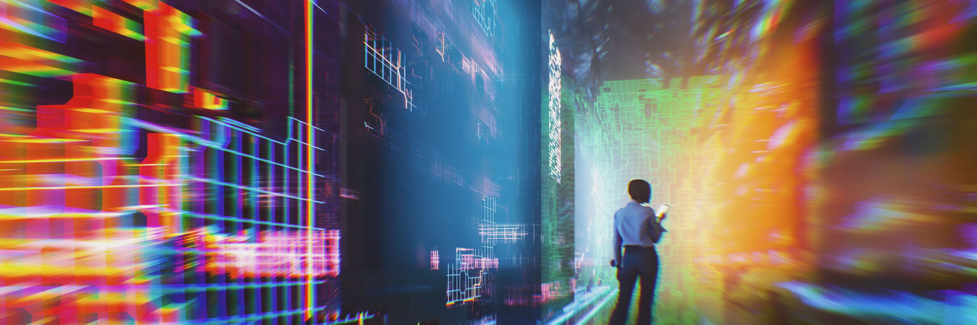 Illustration of male walking into futuristic scene