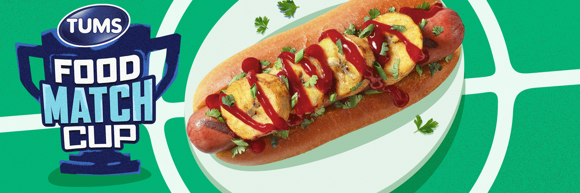 Overhead image of the Plantain Dog created for the TUMS Food Match Cup campaign on a soccer field.