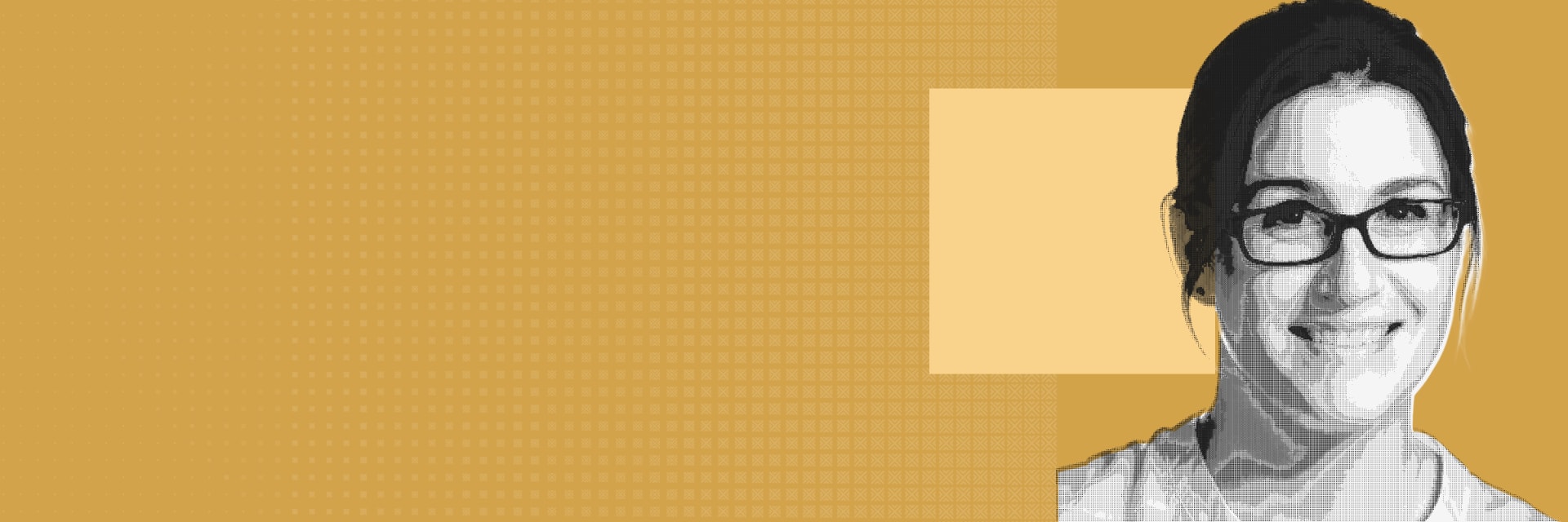 Stylized halftone portrait of Susanne Bobadilla smiling in glasses against a patterned yellow banner.