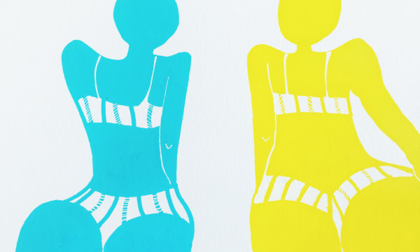 illustrations of two women in bikini's. One is yellow and the other blue.