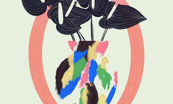 Black flowers with colourful vase