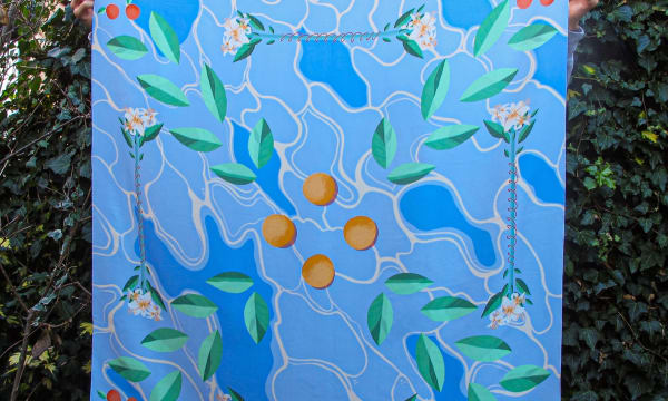 Painted scarf with oranges and leaves