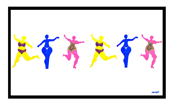 Illustrations of 6 women win bikinis dancing. They are pink, blue and yellow.