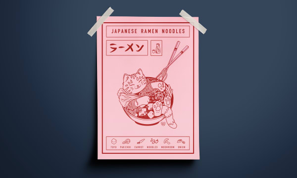 Poster with cat in noodles stuck to wall with Japanese writing.