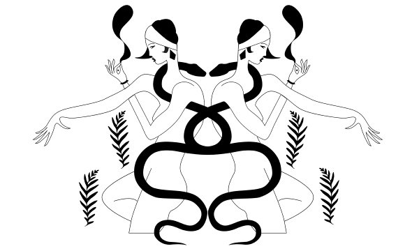 The outlines of women back to back linked by snakes.