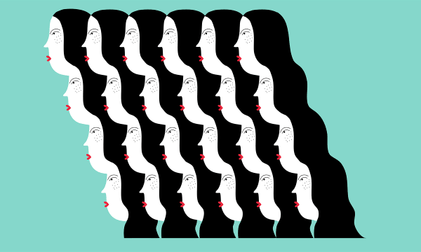 Women's faces linked by hair.