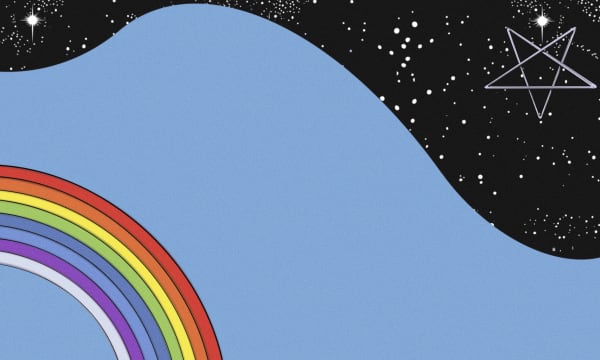 Illustration of rainbow with sea behind and stars in background.