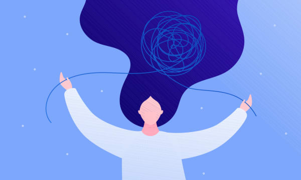 human with yarm above head, symbolizing training your brain to be more creative