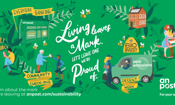 green background and 'living leaves a mark' text