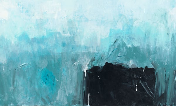 Abstract art consisting of block strokes of light sky blue and white. Colors darken closer to the bottom of the page. There’s a medium black block in the bottom right-hand corner.