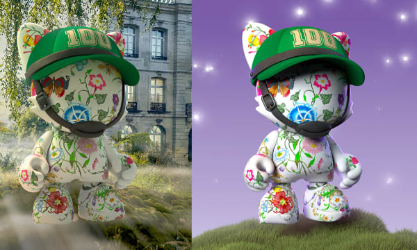 Two matching white cat-shaped avatars with colorful floral design, each wearing a green hat with “100” in yellow numbers and a black chin strap. Behind the left is a tall, leafy tree and mansion windows. Behind the right is a purple background with stars.