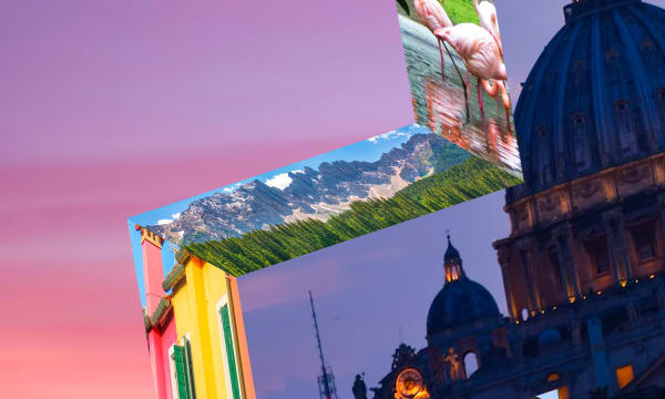 WT Inspiration symbol with images of Milan including sunset, Duomo, and mountains