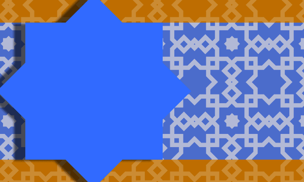 A digitally rendered design featuring a blue 8-pointed star on the left half, in front of a blue and off-white 8-pointed star and diamond design. A yellow strip of the same design borders the top and bottom of the frame.