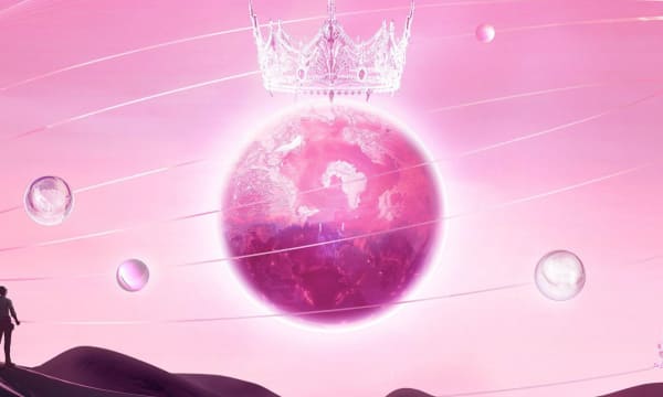 Person looking out into space which features a solar scape with big globe and a crown over the top, with planets circling. Image is all in pink