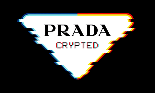 Image of a digitized white Prada logo, outlined with blue, red, and yellow with a black background. Text reads: PRADA CRYPTED..