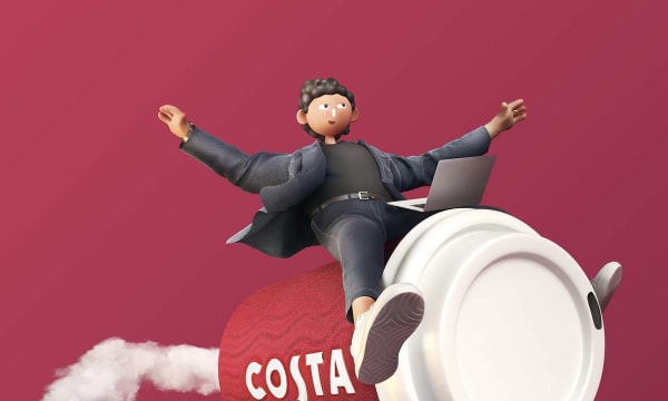 Cartoon character sitting on a giant costa coffee cup