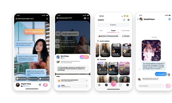 Four mobile app screens: a user profile page with an image and chat bubbles of information about that user, an expanded version of a user profile, an explore page with a search function and icons of other users, a chat connection page.