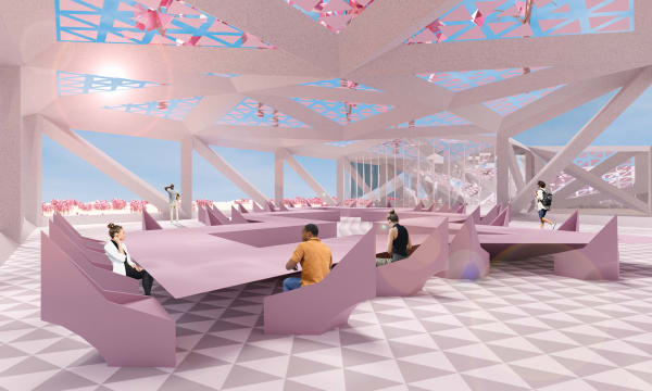 A digitally created interior space with a pink hue and a large window and people sitting around a large meeting table.