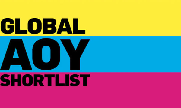 Yellow, blue and pink stripes with 'Global AOY Shortlist' written on it