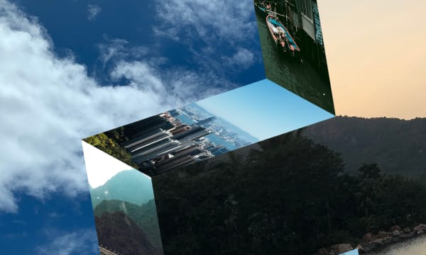 WT inspiration mark with images of mountains and cityscape in Hong Kong, with clouds in the background