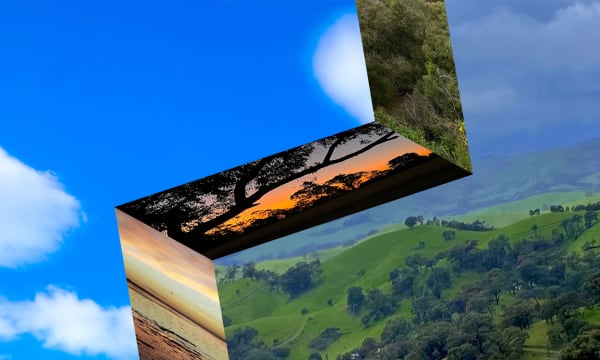WT Inspiration mark with images of green landscape and sunset with blue cloud background