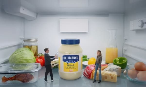 A man with dark hair and light skin stands opposite a woman with blonde hair and light skin. They are miniaturized and standing on a refrigerator shelf next to various produce items: an old chicken wing, lettuce, tomatoes, cheese, orange juice, eggs.