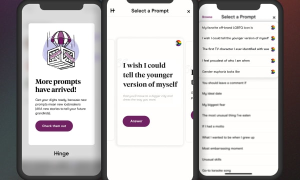 Three smart phone screens pictured. Main text, from left to right: "More prompts have arrived!" "I wish I could tell the younger version of myself..." "Select a prompt"