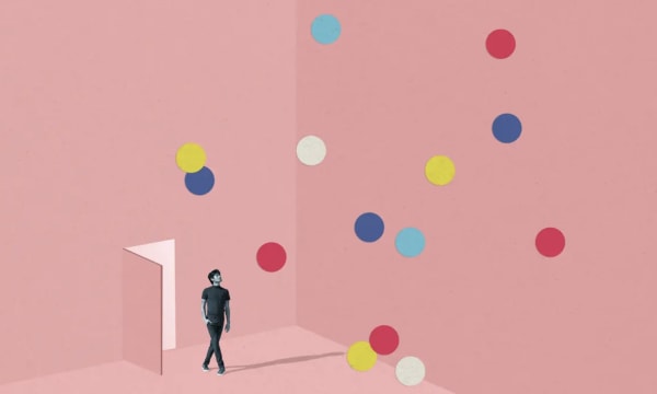Cartoon image of man walking into pink room with coloured dots above him
