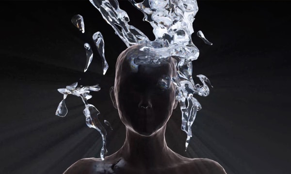 A black, faceless profile of a person from the shoulders up, outlined by silver and white fluid lines. Silver and white fluid bubbles float up from the figure&#039;s left side above the head.