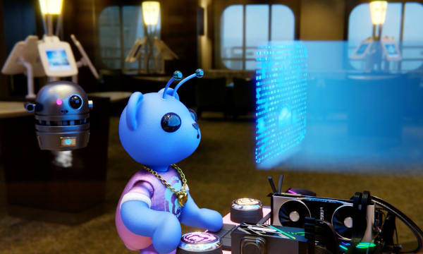 A blue, alien-like teddy bear sits at a desk and stares at a blue digital, floating screen.