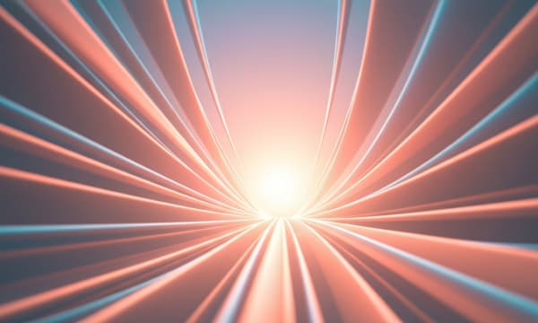 Un túnel de luz abstracto con rayas naranjas y azules que convergen hacia un punto brillante en el centro, creando una sensación de profundidad y movimiento.