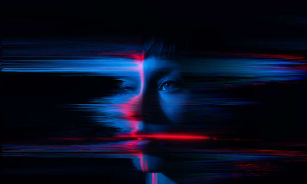 Blue and Red Light Human Face Outline Glitching into Digital