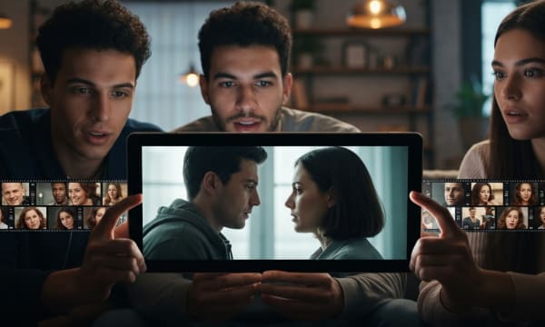 Un grupo de jóvenes adultos observa un micro-drama en una tableta sostenida horizontalmente. Sus rostros están iluminados por la pantalla que muestra una escena dramática intensa y, sutilmente, paneles tipo tira de película con breves momentos emocionales, sugiriendo la naturaleza episódica. El entorno es un interior moderno y acogedor, reforzando el consumo digital.