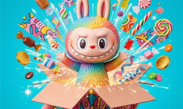 Un personaje tipo conejo, Labubu o monstruo de pelaje con los colores del arcoíris emerge de una caja de cartón decorada con gráficos coloridos. Alrededor del personaje y saliendo de la caja, hay una explosión de chispas, purpurina y una variedad de dulces, incluyendo caramelos envueltos, piruletas y ositos de goma, todo sobre un fondo azul brillante. Una mano sostiene la caja desde abajo.