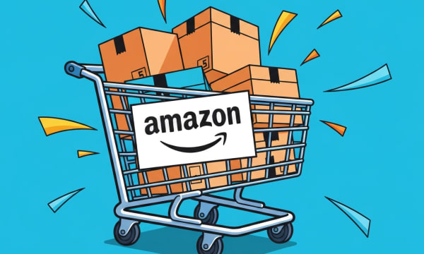 A shopping cart with the Amazon logo on front that is full of packages.