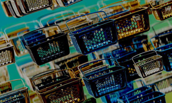 Rows of blue and gold shopping baskets floating on a blue and yellow ombre background.