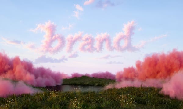 Green field with rolling dark pink clouds over it, blending into a blue sky. In the centre of the image in the sky, a pale pink cloud spells out the word 'brand'.