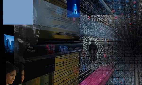 Future Shopper 2026 Hero Image. Dark image with streaks of colour and smaller, dark tinted images of people and buildings.