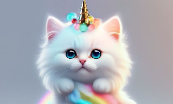 An AI rendered image of a white kitten with six paws rainbow fur and a sharp point on its head