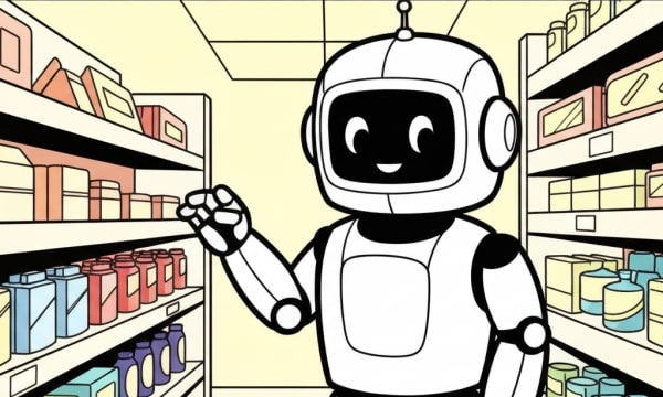 Clipart style robot shopping in a store, representing the role of agentic AI in commerce.