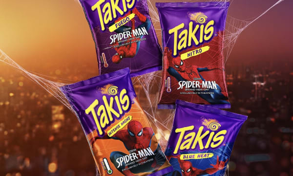 4 Takis Bags featuring Spider-Man on the packaging strung together by spiderwebs