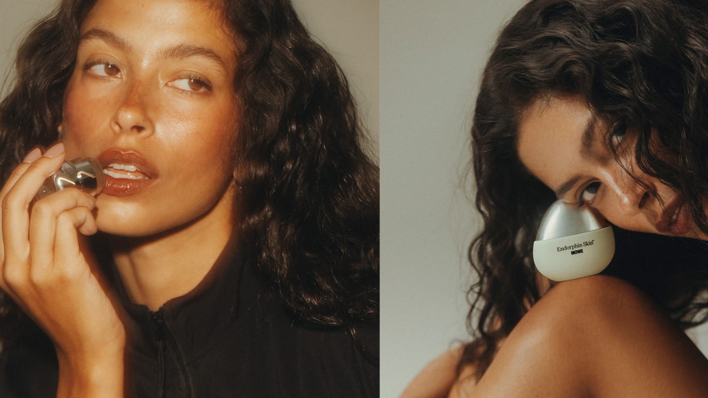 A side-by-side composite of two beauty portraits featuring a woman with dark wavy hair. On the left, she holds a small, clear cosmetic tool near her lips. On the right, she tilts her head down, resting her cheek near a silver, teardrop-shaped product bottle.