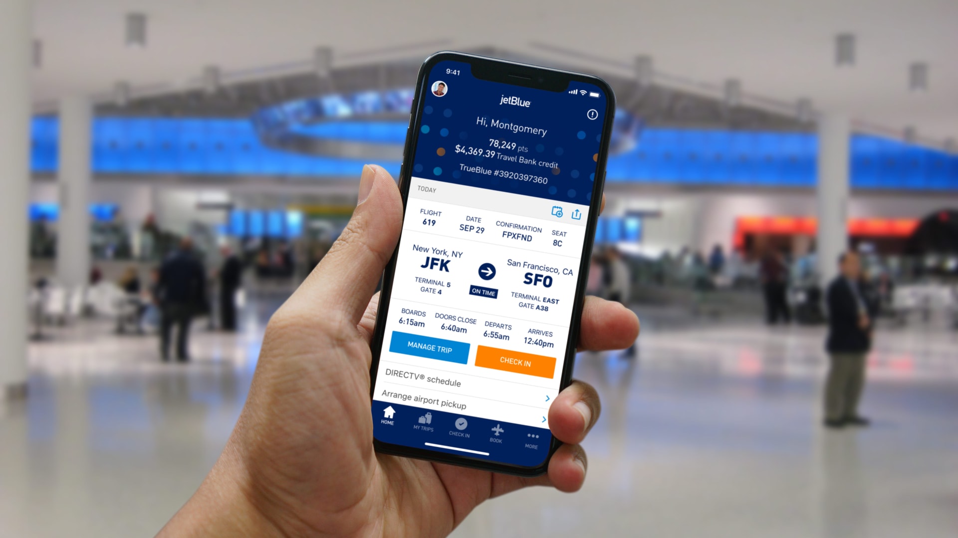 mobile screen showing Jet Blue travel app