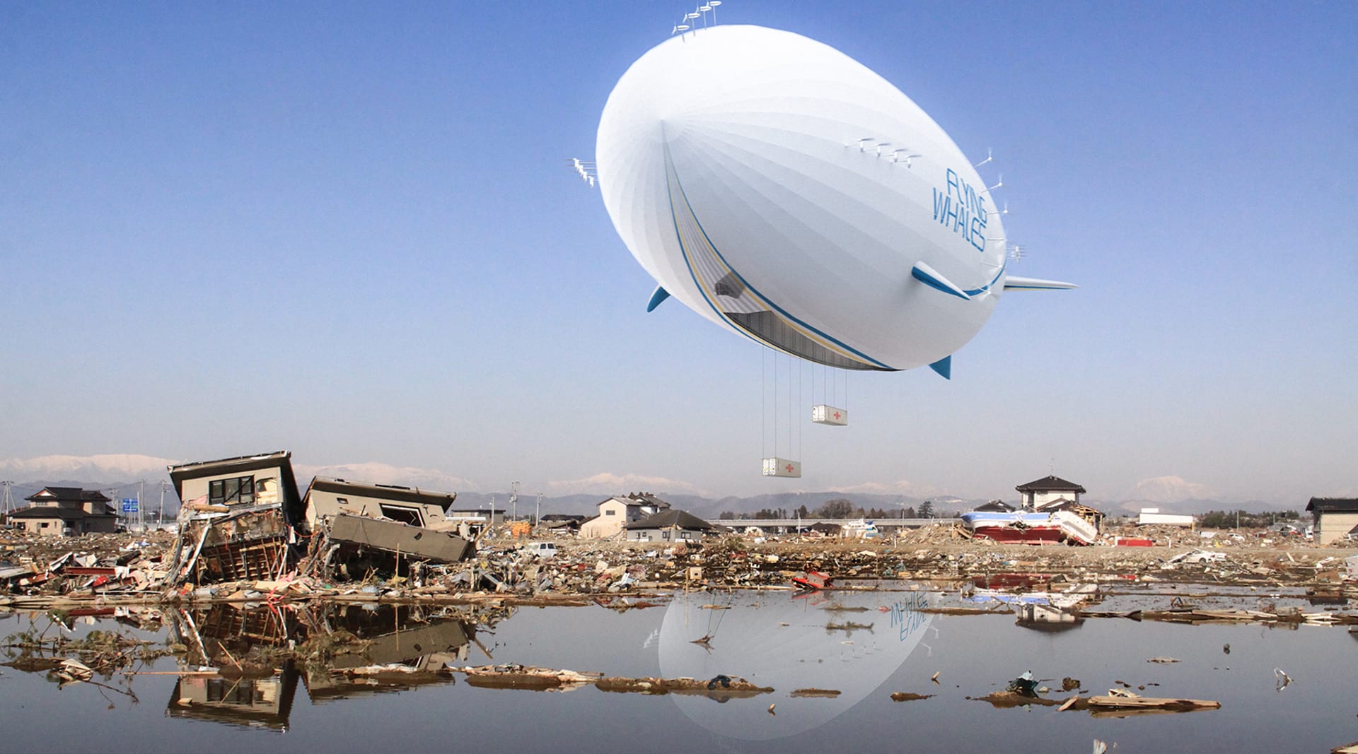 A large white blimp flies over a disaster zone of broken houses, trash and debris. The blimp reads "Flying Whales."